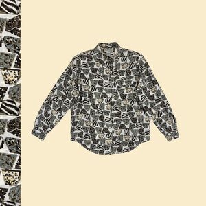 90s L animal print blouse, vintage 1990s button down geometric long sleeve
